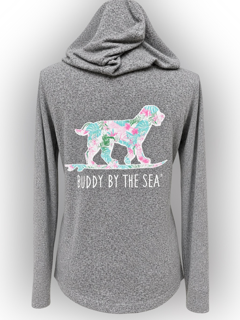 Buddy by the Sea Size Med. Gray Tropical Dog Graphic Hooded Pullover